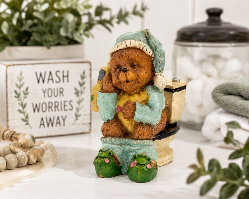 Vintage Teddy Bear On Toilet Figurine Funny Bathroom Decor Hand Painted 1.5"